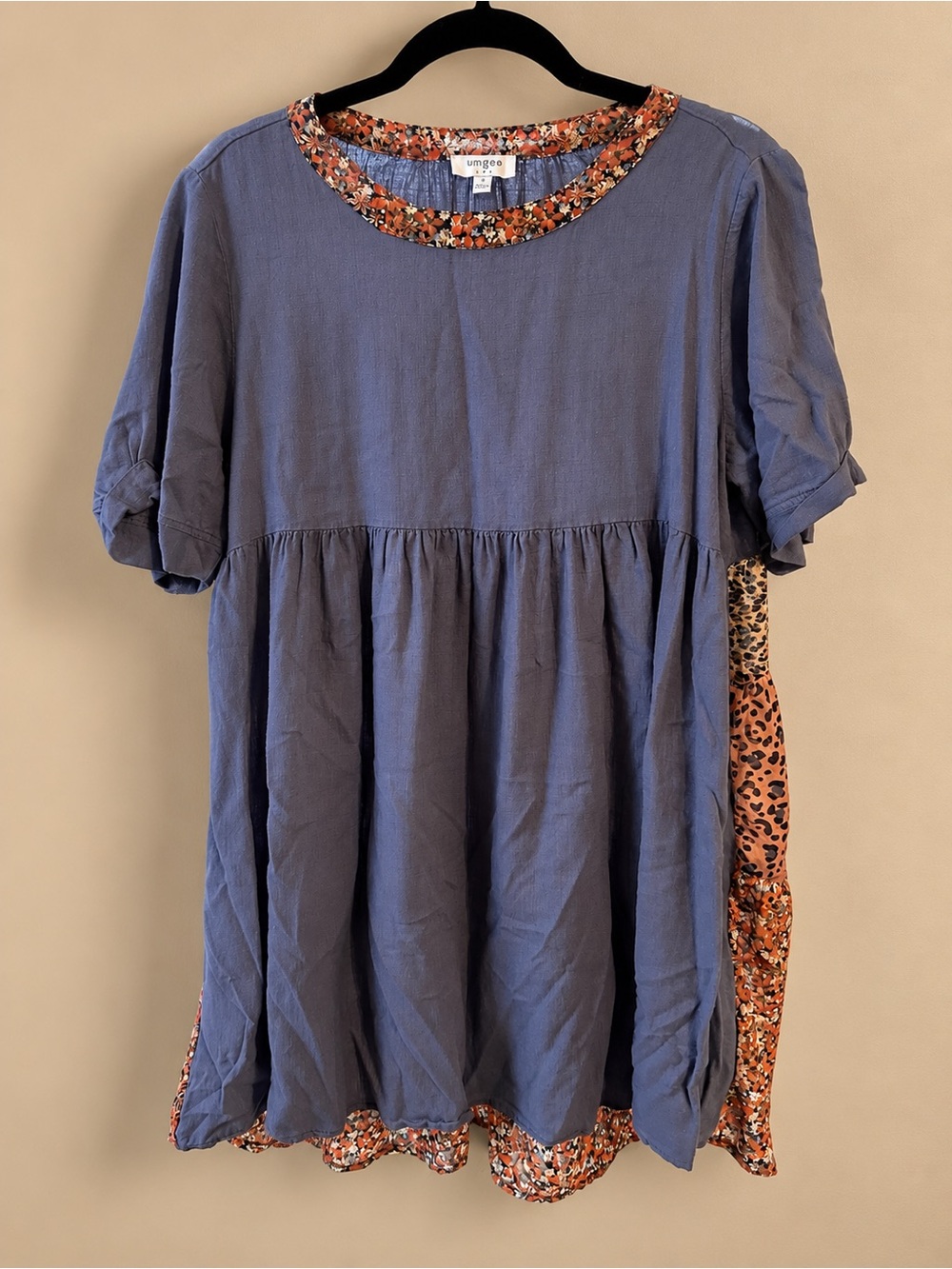 Umgee Blue Short-Sleeve Floral-Trim Babydoll Dress